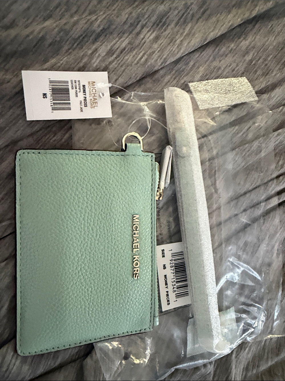 Michael Kors Mint Green Pebbled Leather Card Holder with Gold Logo